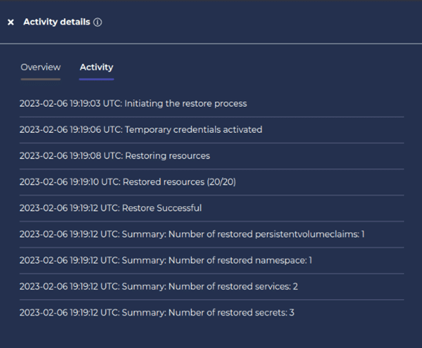 track the restore progress in the Activity panel