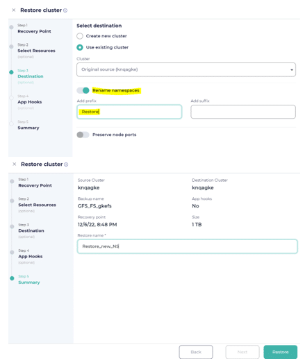 Fig 11 Restore Job definition to restore to new namespace