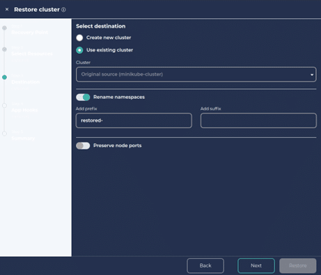 Create a new cluster or namespace with the restore