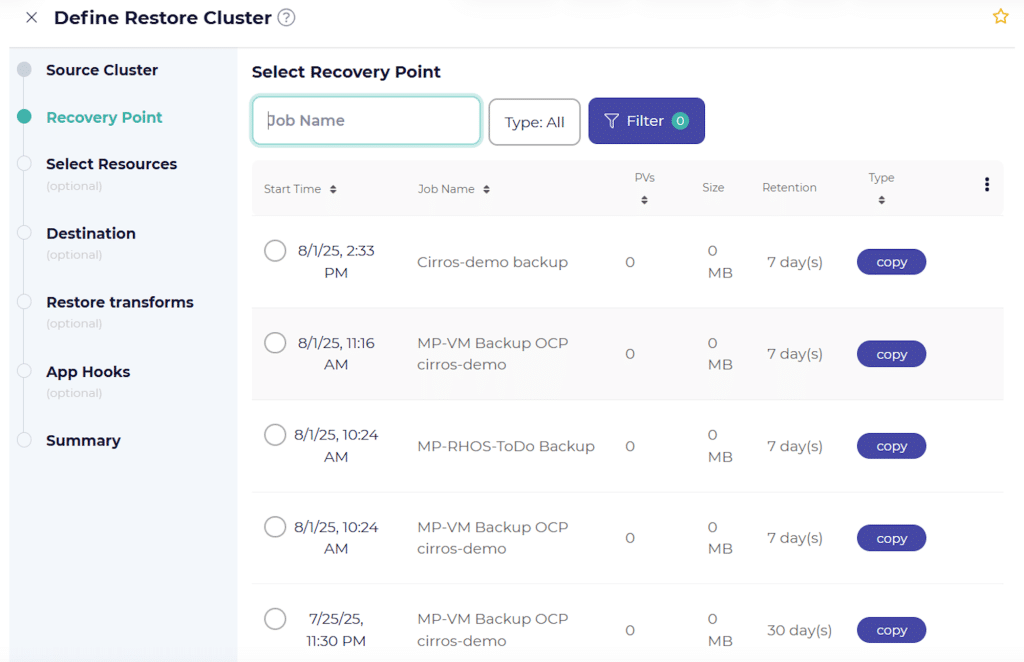 CloudCasa recovery point (snapshot) list