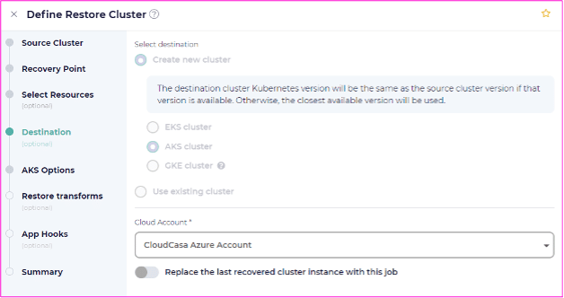 selecting a target destination creating an AKS cluster
